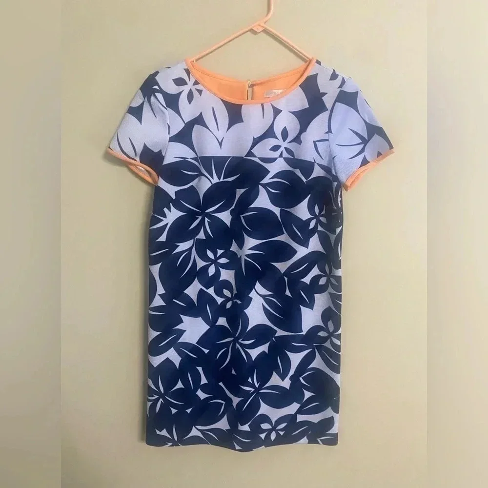London Times Size 6 Blue Orange Floral Shift Casual Career Dress Ribbed
